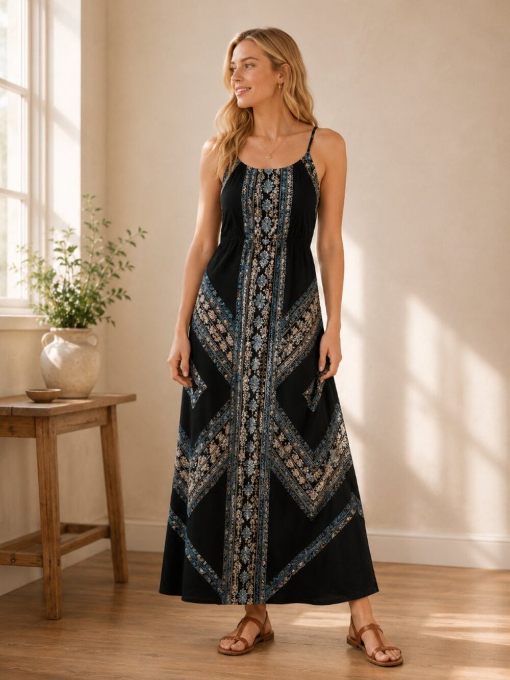 Bailey Blue Maxi Dress L Tribal Geometric Print Black Boho Fall Style
